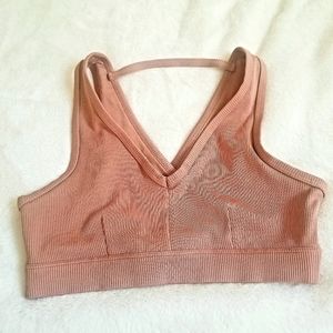ALO Yoga Ribbed V-Neck Togetherness Bra in Rose Tan